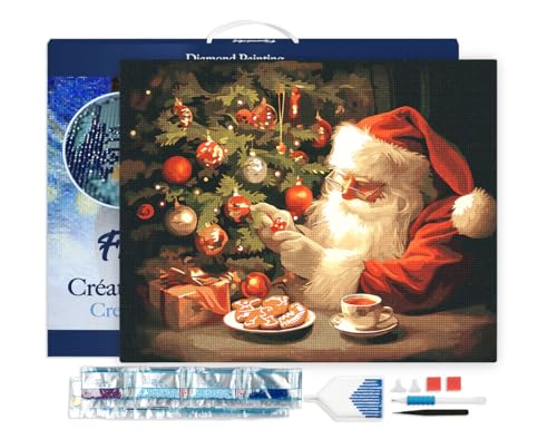 Figured'Art Diamond Painting Erwachsene 40x50cm Mit Rahmen Ganze Leinwand gespannt Fröhlicher Abend des Weihnachtsmanns 5D Bilder Eckige Steine - DIY Set Basteln von Figured'Art