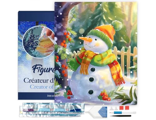 Figured'Art Diamond Painting Erwachsene 40x50cm Mit Rahmen Ganze Leinwand gespannt Fröhlicher Schneemann 5D Bilder Eckige Steine - DIY Set Basteln von Figured'Art