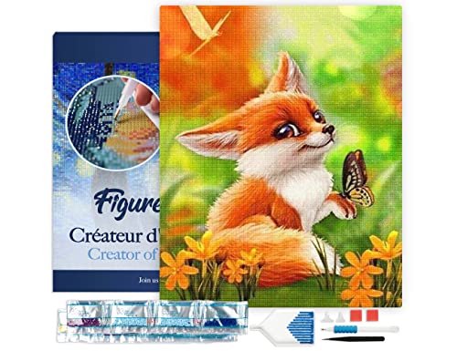 Figured'Art Diamond Painting Erwachsene 40x50cm Mit Rahmen Ganze Leinwand gespannt Fuchs und Schmetterling 5D Bilder Eckige Steine - DIY Set Basteln von Figured'Art