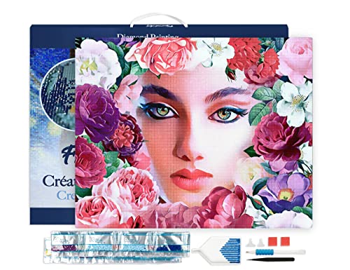 Figured'Art Diamond Painting Erwachsene 40x50cm Mit Rahmen Ganze Leinwand gespannt Gesicht und Blumen 5D Bilder Eckige Steine - DIY Set Basteln von Figured'Art