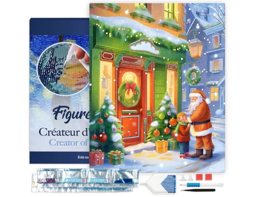 Figured'Art Diamond Painting Erwachsene 40x50cm Mit Rahmen Ganze Leinwand gespannt Gruß vom Weihnachtsmann 5D Bilder Eckige Steine - DIY Set Basteln von Figured'Art