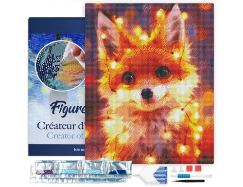 Figured'Art Diamond Painting Erwachsene 40x50cm Mit Rahmen Ganze Leinwand gespannt Kleiner Fuchs mit Glühbirnen 5D Bilder Eckige Steine - DIY Set Basteln von Figured'Art