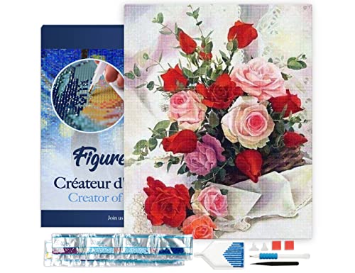 Figured'Art Diamond Painting Erwachsene 40x50cm Mit Rahmen Ganze Leinwand gespannt Schöner Rosenstrauß 5D Bilder Eckige Steine - DIY Set Basteln von Figured'Art