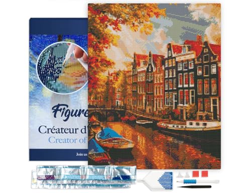 Figured'Art Diamond Painting Erwachsene 40x50cm Mit Rahmen Ganze Leinwand gespannt Sonnenschein in Amsterdam 5D Bilder Eckige Steine - DIY Set Basteln von Figured'Art