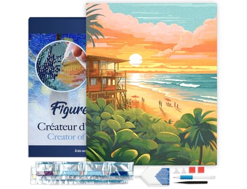 Figured'Art Diamond Painting Erwachsene 40x50cm Mit Rahmen Ganze Leinwand gespannt Strandclub bei Sonnenuntergang 5D Bilder Eckige Steine - DIY Set Basteln von Figured'Art