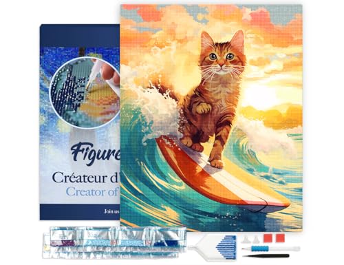 Figured'Art Diamond Painting Erwachsene 40x50cm Mit Rahmen Ganze Leinwand gespannt Surfende Katze 5D Bilder Eckige Steine - DIY Set Basteln von Figured'Art