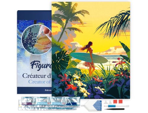 Figured'Art Diamond Painting Erwachsene 40x50cm Mit Rahmen Ganze Leinwand gespannt Surfer bei Sonnenuntergang 5D Bilder Eckige Steine - DIY Set Basteln von Figured'Art