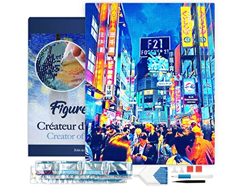 Figured'Art Diamond Painting Erwachsene 40x50cm Mit Rahmen Ganze Leinwand gespannt Tokyo Shibuya 5D Bilder Eckige Steine - DIY Set Basteln von Figured'Art