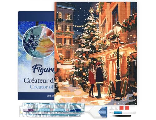 Figured'Art Diamond Painting Erwachsene 40x50cm Mit Rahmen Ganze Leinwand gespannt Weihnachtspaar in der Stadt 5D Bilder Eckige Steine - DIY Set Basteln von Figured'Art