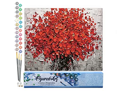 Figured'Art Malen Nach Zahlen Erwachsene Abstrakte rote Blumen - Paint by Numbers Basteln DIY Bastelset 40x50cm ohne Holzrahmen von Figured'Art