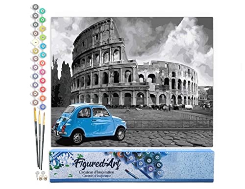 Figured'Art Malen Nach Zahlen Erwachsene Blaues FIAT Fahrzeug am Kolloseum - Paint by Numbers Basteln DIY Bastelset 40x50cm ohne Holzrahmen von Figured'Art