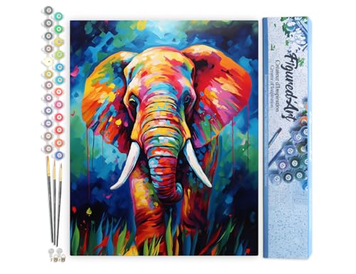 Figured'Art Malen Nach Zahlen Erwachsene Elefant Farbenfroh Abstrakt - Paint by Numbers Basteln DIY Bastelset 40x50cm ohne Holzrahmen von Figured'Art