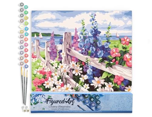 Figured'Art Malen Nach Zahlen Erwachsene Gartenzaun und Blumen - Paint by Numbers Basteln DIY Bastelset 40x50cm ohne Holzrahmen von Figured'Art