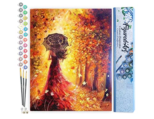 Figured'Art Malen Nach Zahlen Erwachsene Herbstwald und Frau mit Regenschirm - Paint by Numbers Basteln DIY Bastelset 40x50cm ohne Holzrahmen von Figured'Art