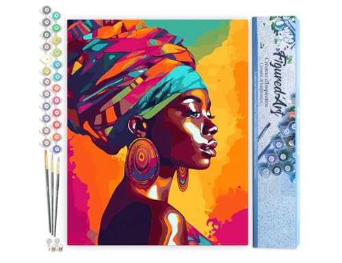 Figured'Art Malen Nach Zahlen Erwachsene Lebhafte Afrikanische Dame - Paint by Numbers Basteln DIY Bastelset 40x50cm ohne Holzrahmen von Figured'Art