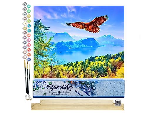 Figured'Art Malen Nach Zahlen Erwachsene Mit Rahmen Adler und schweizer Landschaft - Paint by Numbers Basteln DIY Bastelset 40x50cm Mit Keilrahmen (nicht gespannt) von Figured'Art