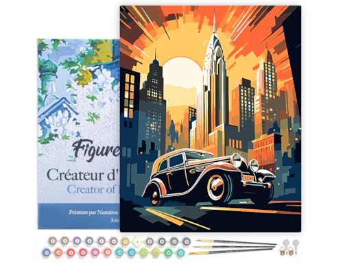 Figured'Art Malen Nach Zahlen Erwachsene Mit Rahmen Art-Deco-Auto in New York - Paint by Numbers Basteln DIY Bastelset 40x50cm - Leinwand gespannt auf Holzrahmen von Figured'Art