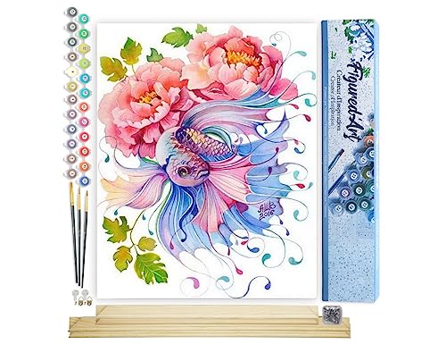 Figured'Art Malen Nach Zahlen Erwachsene Mit Rahmen Blumen und Fische - Paint by Numbers Basteln DIY Bastelset 40x50cm Mit Keilrahmen (nicht gespannt) von Figured'Art