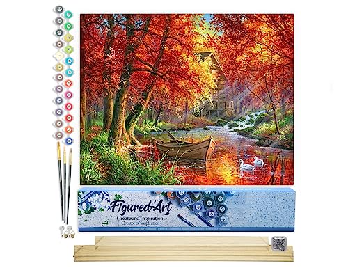 Figured'Art Malen Nach Zahlen Erwachsene Mit Rahmen Boot am Herbstlichen Fluss - Paint by Numbers Basteln DIY Bastelset 40x50cm Mit Keilrahmen (nicht gespannt) von Figured'Art