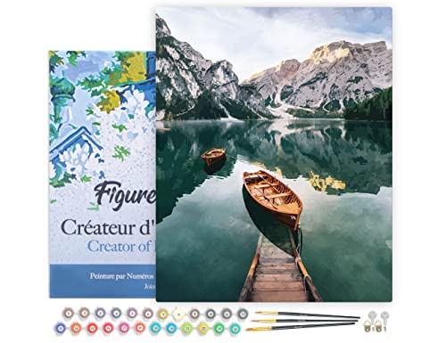 Figured'Art Malen Nach Zahlen Erwachsene Mit Rahmen Boot und Gebirgssee - Paint by Numbers Basteln DIY Bastelset 40x50cm Leinwand gespannt auf Holzrahmen von Figured'Art