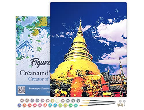 Figured'Art Malen Nach Zahlen Erwachsene Mit Rahmen Chiang Mai Tempel - Paint by Numbers Basteln DIY Bastelset 40x50cm Leinwand gespannt auf Holzrahmen von Figured'Art