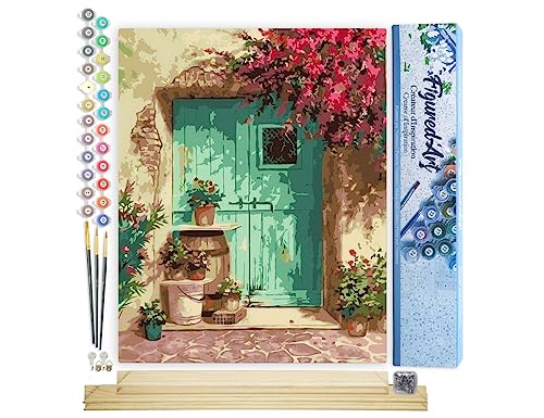 Figured'Art Malen Nach Zahlen Erwachsene Mit Rahmen Eingang mit Blumen - Paint by Numbers Basteln DIY Bastelset 40x50cm Mit Keilrahmen (nicht gespannt) von Figured'Art