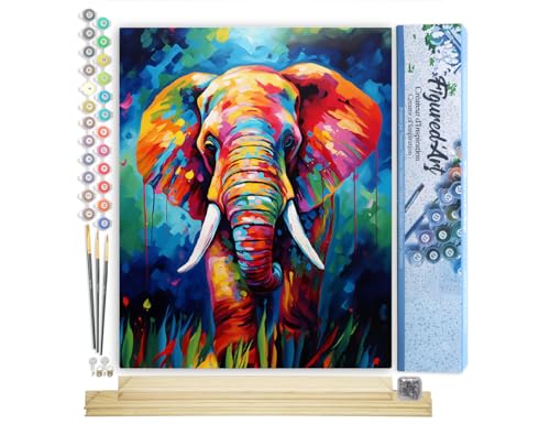 Figured'Art Malen Nach Zahlen Erwachsene Mit Rahmen Elefant Farbenfroh Abstrakt - Paint by Numbers Basteln DIY Bastelset 40x50cm Mit Keilrahmen (nicht gespannt) von Figured'Art