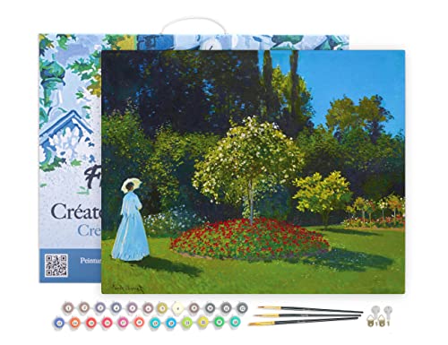 Figured'Art Malen Nach Zahlen Erwachsene Mit Rahmen Frau im Garten - Monet - Paint by Numbers Basteln DIY Bastelset 40x50cm Leinwand gespannt auf Holzrahmen von Figured'Art