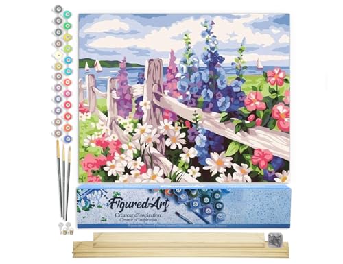 Figured'Art Malen Nach Zahlen Erwachsene Mit Rahmen Gartenzaun und Blumen - Paint by Numbers Basteln DIY Bastelset 40x50cm Mit Keilrahmen (nicht gespannt) von Figured'Art