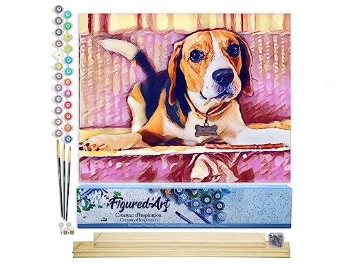 Figured'Art Malen Nach Zahlen Erwachsene Mit Rahmen Herziger Beagle - Paint by Numbers Basteln DIY Bastelset 40x50cm Mit Keilrahmen (nicht gespannt) von Figured'Art