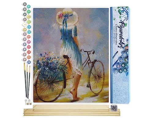 Figured'Art Malen Nach Zahlen Erwachsene Mit Rahmen Junge Frau mit Fahrrad - Paint by Numbers Basteln DIY Bastelset 40x50cm Mit Keilrahmen (nicht gespannt) von Figured'Art