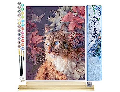 Figured'Art Malen Nach Zahlen Erwachsene Mit Rahmen Katze und bunte Blumen - Paint by Numbers Basteln DIY Bastelset 40x50cm Mit Keilrahmen (nicht gespannt) von Figured'Art