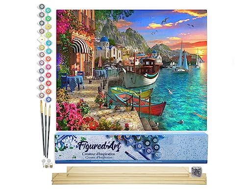 Figured'Art Malen Nach Zahlen Erwachsene Mit Rahmen Kleiner Hafen - Paint by Numbers Basteln DIY Bastelset 40x50cm Mit Keilrahmen (nicht gespannt) von Figured'Art