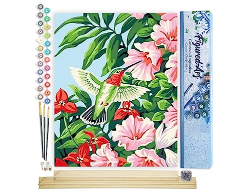 Figured'Art Malen Nach Zahlen Erwachsene Mit Rahmen Kolibri in den Blumen - Paint by Numbers Basteln DIY Bastelset 40x50cm Mit Keilrahmen (nicht gespannt) von Figured'Art