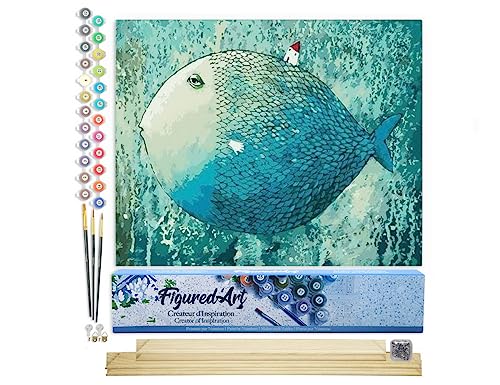 Figured'Art Malen Nach Zahlen Erwachsene Mit Rahmen Künstlerische Fische - Paint by Numbers Basteln DIY Bastelset 40x50cm Mit Keilrahmen (nicht gespannt) von Figured'Art