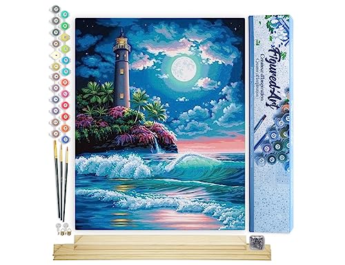 Figured'Art Malen Nach Zahlen Erwachsene Mit Rahmen Leuchtturm unter dem Vollmond - Paint by Numbers Basteln DIY Bastelset 40x50cm Mit Keilrahmen (nicht gespannt) von Figured'Art