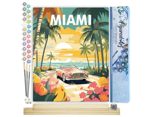 Figured'Art Malen Nach Zahlen Erwachsene Mit Rahmen Reiseposter Miami Sonnenuntergang - Paint by Numbers Basteln DIY Bastelset 40x50cm Mit Keilrahmen (nicht gespannt) von Figured'Art