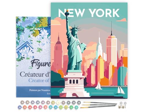 Figured'Art Malen Nach Zahlen Erwachsene Mit Rahmen Reiseposter New York - Paint by Numbers Basteln DIY Bastelset 40x50cm - Leinwand gespannt auf Holzrahmen von Figured'Art