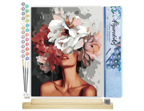 Figured'Art Malen Nach Zahlen Erwachsene Mit Rahmen Schönheit hinter Blumen - Paint by Numbers Basteln DIY Bastelset 40x50cm Mit Keilrahmen (nicht gespannt) von Figured'Art