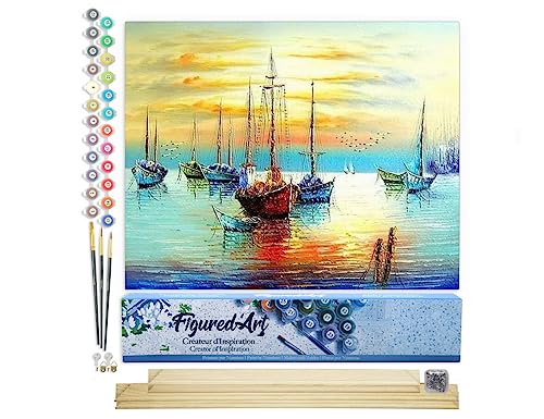 Figured'Art Malen Nach Zahlen Erwachsene Mit Rahmen Segelboote an der Küste - Paint by Numbers Basteln DIY Bastelset 40x50cm Mit Keilrahmen (nicht gespannt) von Figured'Art