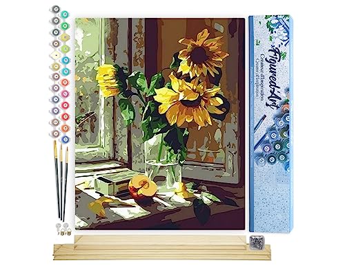 Figured'Art Malen Nach Zahlen Erwachsene Mit Rahmen Sonnenblumen und Apfel vor dem Fenster - Paint by Numbers Basteln DIY Bastelset 40x50cm Mit Keilrahmen (nicht gespannt) von Figured'Art