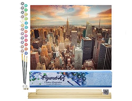 Figured'Art Malen Nach Zahlen Erwachsene Mit Rahmen Sonnenuntergang über New York - Paint by Numbers Basteln DIY Bastelset 40x50cm Mit Keilrahmen (nicht gespannt) von Figured'Art