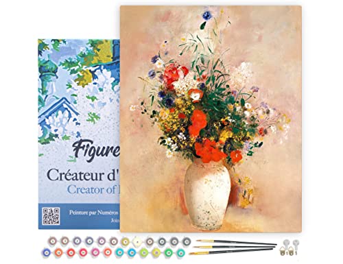 Figured'Art Malen Nach Zahlen Erwachsene Mit Rahmen Vase mit Blumen - Odilon Redon - Paint by Numbers Basteln DIY Bastelset 40x50cm Leinwand gespannt auf Holzrahmen von Figured'Art