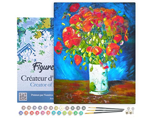 Figured'Art Malen Nach Zahlen Erwachsene Mit Rahmen Vase mit rotem Klatschmohn - Van Gogh - Paint by Numbers Basteln DIY Bastelset 40x50cm Leinwand gespannt auf Holzrahmen von Figured'Art