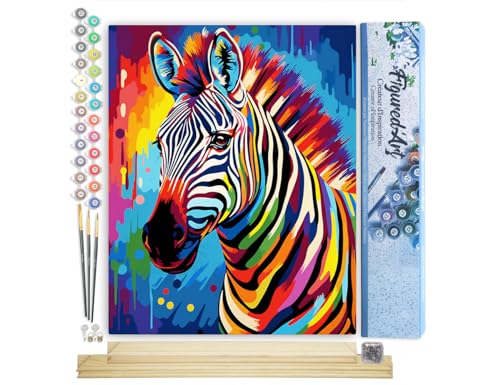 Figured'Art Malen Nach Zahlen Erwachsene Mit Rahmen Zebra Farbenfroh Abstrakt - Paint by Numbers Basteln DIY Bastelset 40x50cm Mit Keilrahmen (nicht gespannt) von Figured'Art