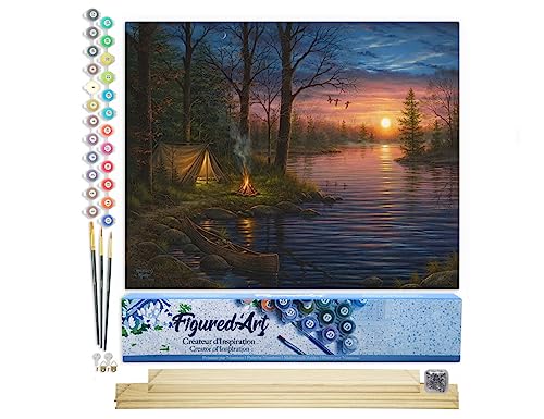 Figured'Art Malen Nach Zahlen Erwachsene Mit Rahmen Zelten am Fluss - Paint by Numbers Basteln DIY Bastelset 40x50cm Mit Keilrahmen (nicht gespannt) von Figured'Art