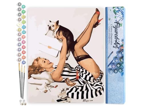 Figured'Art Malen Nach Zahlen Erwachsene Pin-Up-Girl im gestreiften Kleid - Paint by Numbers Basteln DIY Bastelset 40x50cm ohne Holzrahmen von Figured'Art