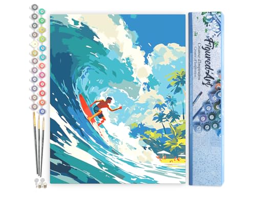 Figured'Art Malen Nach Zahlen Erwachsene Surfen in Hawaii - Paint by Numbers Basteln DIY Bastelset 40x50cm ohne Holzrahmen von Figured'Art