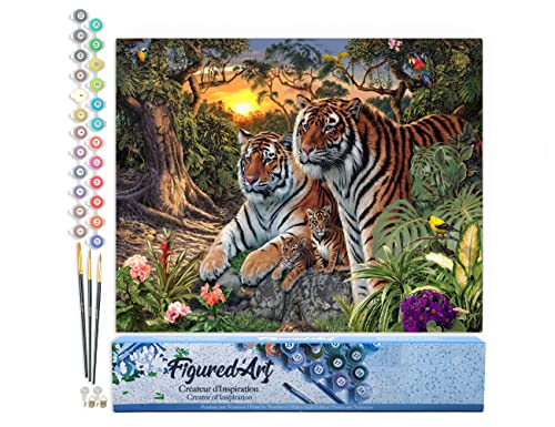 Figured'Art Malen Nach Zahlen Erwachsene Tiger Familie - Paint by Numbers Basteln DIY Bastelset 40x50cm ohne Holzrahmen von Figured'Art