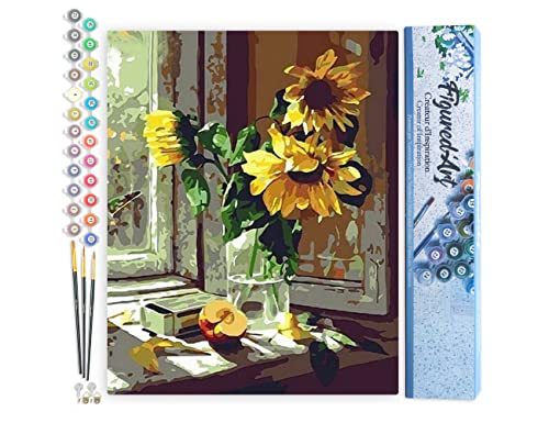 Figured'Art Malen nach Zahlen Erwachsene Sonnenblumen und Apfel vor dem Fenster – Manuelle Aktivität, Kreatives DIY-Kit, komplette Kunstnummer – 40 x 50 cm ohne Holzrahmen von Figured'Art